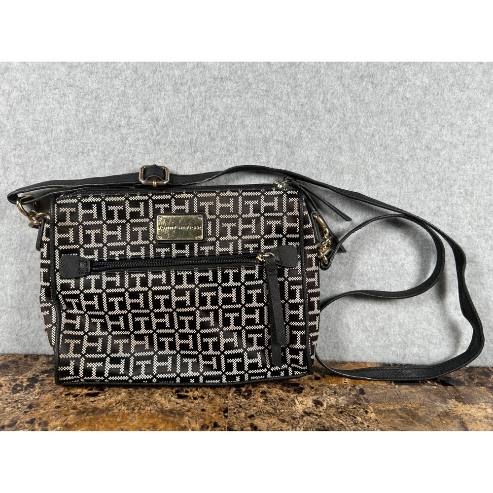 Tommy Hilfiger Monogram Crossbody Bag Black White Jacquard Gold Hardware
